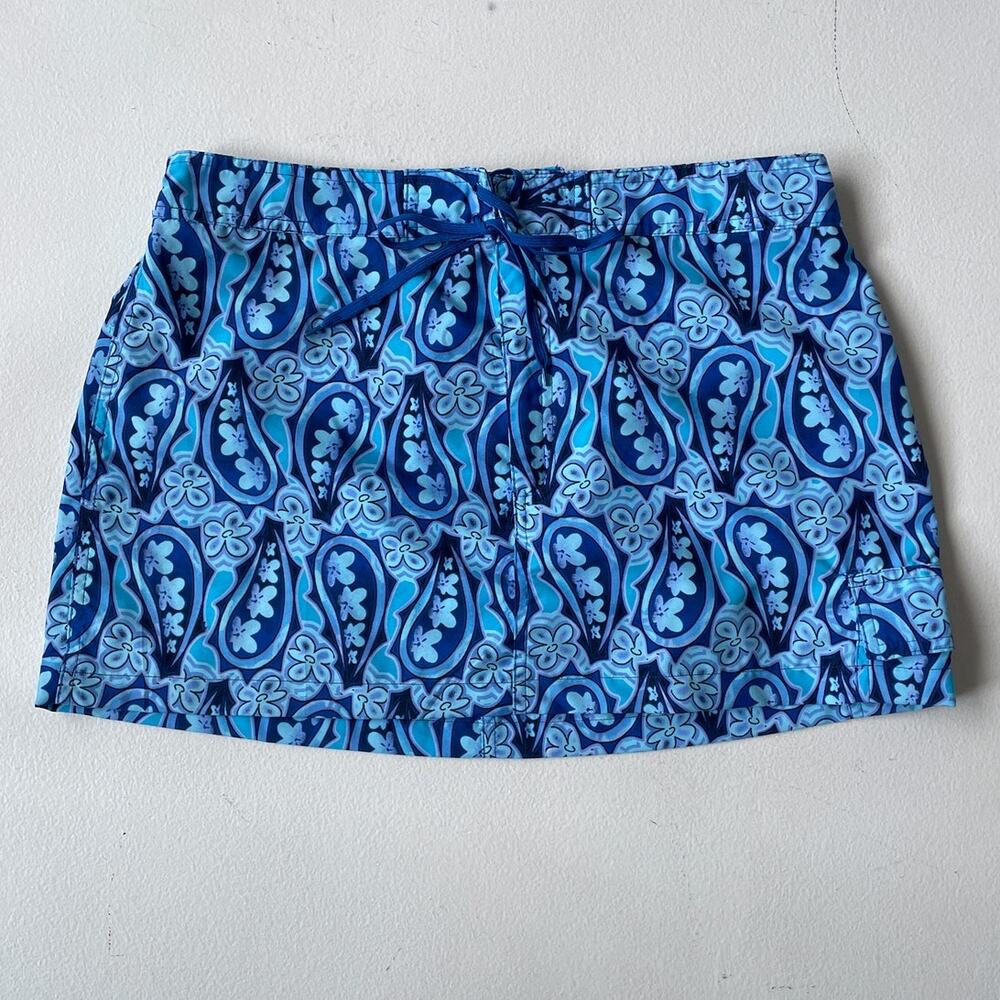 Vtg Blue Floral Sporty Mini Skirt Size 12/14 Large Tropical Surf Beach 34"w